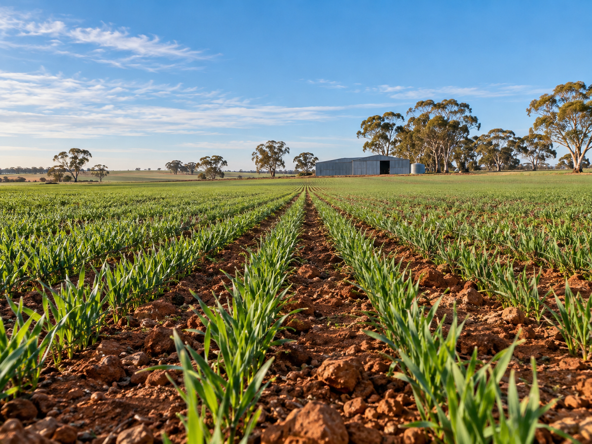 Young cereal crop rows in red Australian soil with eucalyptus trees and a farm shed — generated illustration