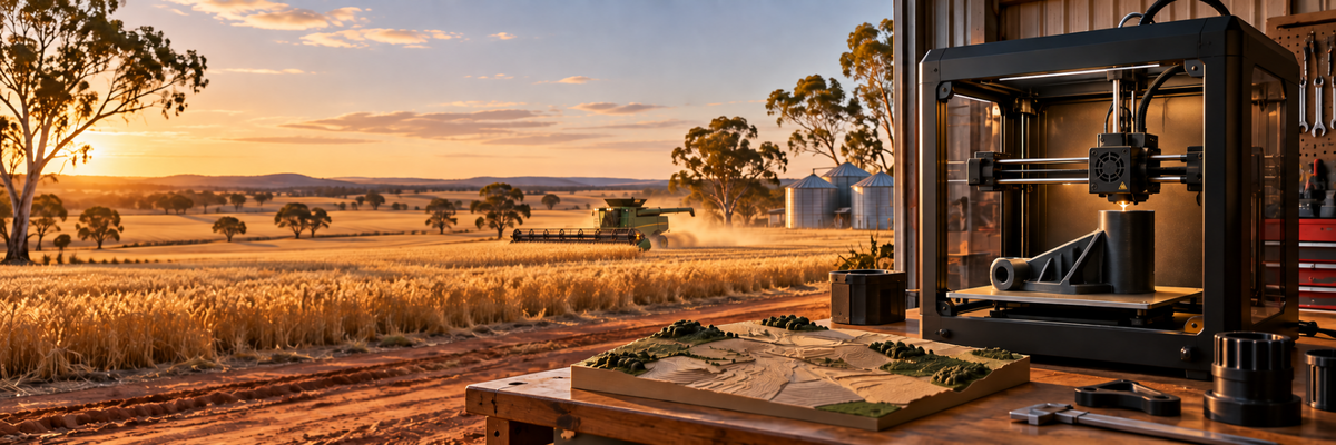 Australian sunset harvest beside a farm workshop 3D printer — generated illustration