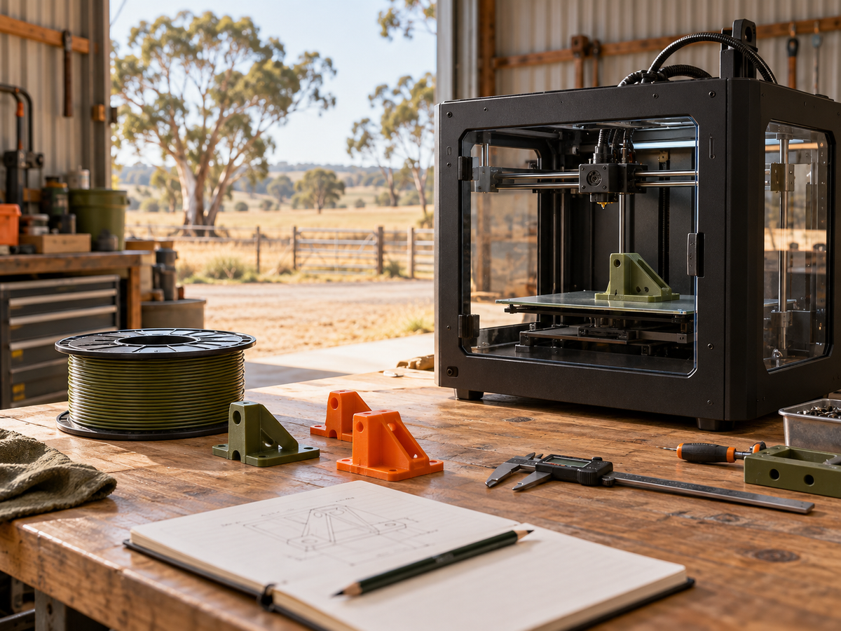 3D printer, prototype brackets and design tools on a rural workshop bench — generated illustration