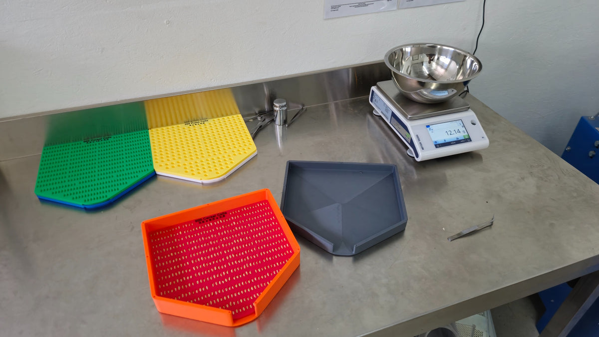 A counted SeedSmart cereal sample beside precision scales